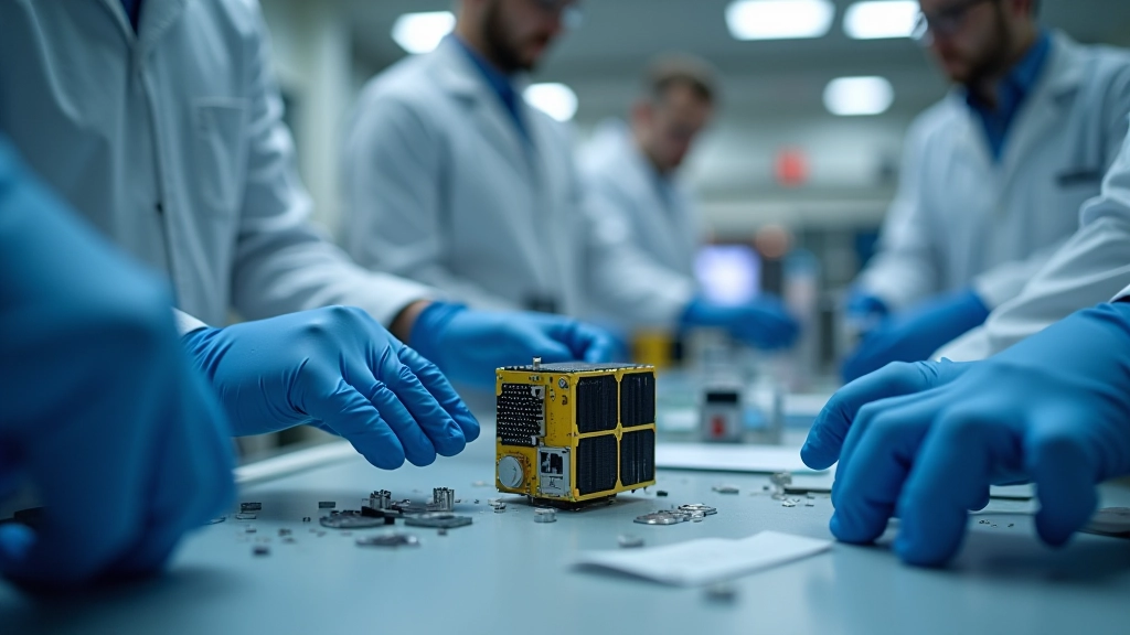 CubeSat mazais satelīts laboratorijas darba galdā, tehnoloģijas attīstība