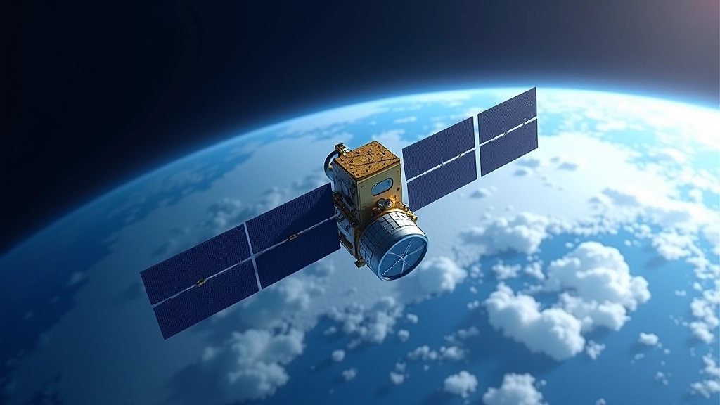 Meteoroloģisks satelīts orbītā ar sensoru paneli, Zemes atmosfēra fona